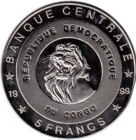 Congo - Democratic Republic coin 5 Francs - King Willem III (1999) reverse reverse of 5 Francs - King Willem III (1999) coin with KM# 86 from Congo - Democratic Republic. Inscription: BANQUE CENTRALE REPUBLIQUE DEMOCRATIQUE DU CONGO 5 FRANCS 1999