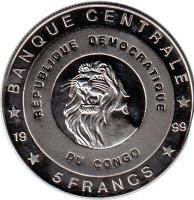 Congo - Democratic Republic coin 5 Francs - Queen Wilhelmina (1999) reverse reverse of 5 Francs - Queen Wilhelmina (1999) coin with KM# 87 from Congo - Democratic Republic. Inscription: BANQUE CENTRALE REPUBLIQUE DEMOCRATIQUE DU CONGO 5 FRANCS 1999