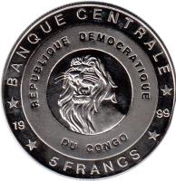 reverse of 5 Francs - Bernhard (1999) coin with KM# 88 from Congo - Democratic Republic. Inscription: BANQUE CENTRALE REPUBLIQUE DEMOCRATIQUE DU CONGO 5 FRANCS 1999