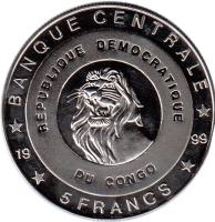 Congo - Democratic Republic coin 5 Francs - Bernhard (1999) reverse reverse of 5 Francs - Bernhard (1999) coin with KM# 88 from Congo - Democratic Republic. Inscription: BANQUE CENTRALE REPUBLIQUE DEMOCRATIQUE DU CONGO 5 FRANCS 1999