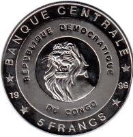 reverse of 5 Francs - Prince Willem-Alexander (1999) coin with KM# 90 from Congo - Democratic Republic. Inscription: MAISONS ROYALES D'EUROPE DES SIECLES DERNIERS LE PRINCE HERITIER DES PAYS-BAS WILLEM-ALEXANDER *1967