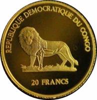 obverse of 20 Francs - African Art (2000) coin with KM# 183 from Congo - Democratic Republic. Inscription: REPUBLIQUE DEMOCRATIQUE DU CONGO 20 FRANCS