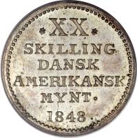 reverse of 20 Skilling - Frederik VII (1848) coin with KM# 21 from Danish West Indies. Inscription: *XX* SKILLING DANSK AMERIKANSK MYNT. 1848.