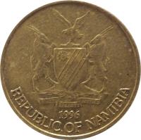 Namibia coin 1 Dollar (1993 - 2010) obverse obverse of 1 Dollar (1993 - 2010) coin with KM# 4 from Namibia. Inscription: UNITY LIBERTY JUSTICE 1996 REPUBLIC OF NAMIBIA