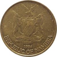 obverse of 1 Dollar (1993 - 2010) coin with KM# 4 from Namibia. Inscription: UNITY LIBERTY JUSTICE 1996 REPUBLIC OF NAMIBIA