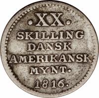 Danish West Indies coin 20 Skilling - Frederik VI (1816) reverse reverse of 20 Skilling - Frederik VI (1816) coin with KM# 15 from Danish West Indies. Inscription: XX SKILLING DANSK AMERIKANSK MYNT. 1816.