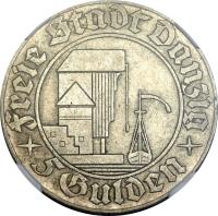reverse of 5 Gulden (1932) coin with KM# 157 from Danzig. Inscription: Freie Stadt Danzig * 5 Gulden *
