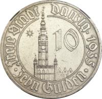 obverse of 10 Gulden (1935) coin with KM# 159 from Danzig.
