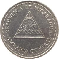 obverse of 1 Córdoba (1997 - 2000) coin with KM# 89 from Nicaragua. Inscription: REPLUBICA DE NICARAGUA AMERICA CENTRAL
