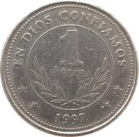 reverse of 1 Córdoba (1997 - 2000) coin with KM# 89 from Nicaragua. Inscription: EN DIOS CONFIAMOS 1 CORDOBA