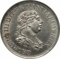 obverse of 1 Gulden - George III (1816) coin with KM# 13 from Demerara and Essequibo. Inscription: GEORGIUS III D:G:BRITANNIARUM REX