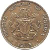 obverse of 1 Kobo (1973 - 1988) coin with KM# 8 from Nigeria. Inscription: FEDERAL REPUBLIC OF NIGERIA UNITY AND FAITH, PEACE AND PROGRESS 1974