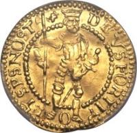 Dutch Republic coin 1 Ducat (1596 - 1605) reverse reverse of 1 Ducat (1596 - 1605) coin with KM# 8 from Dutch Republic. Inscription: MO.NO.AURUM. WESTFRISI. 1598
