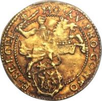 Dutch Republic coin 1/2 Cavalier d'or (1606 - 1619) obverse obverse of 1/2 Cavalier d'or (1606 - 1619) coin with KM# 17.1 from Dutch Republic. Inscription: MO AVR PRO CONF - OE BEL(G) GEL