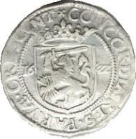 Dutch Republic coin 1 Rijksdaalder (1606 - 1615) reverse reverse of 1 Rijksdaalder (1606 - 1615) coin with KM# 16.1 from Dutch Republic. Inscription: CONCORDIA RES PARVAE CRESCVNT