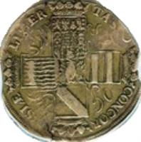 Dutch Republic coin 30 Stuiver (1682) reverse reverse of 30 Stuiver (1682) coin with KM# A66 from Dutch Republic. Inscription: CONCOR FRISIAE LIBER TAS SW ST OG WG