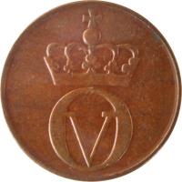 obverse of 2 Øre - Olav V - Large letters (1959 - 1972) coin with KM# 410 from Norway. Inscription: OV