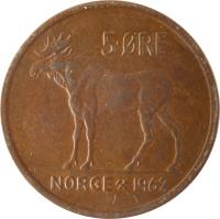 reverse of 5 Øre - Olav V (1958 - 1973) coin with KM# 405 from Norway. Inscription: 5 ØRE NORGE 1971