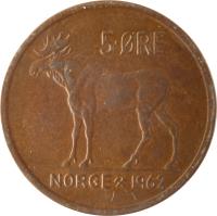 Norway coin 5 Øre - Olav V (1958 - 1973) reverse reverse of 5 Øre - Olav V (1958 - 1973) coin with KM# 405 from Norway. Inscription: 5 ØRE NORGE 1971