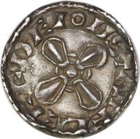 England coin 1 Penny - Harold - Jewel Cross (1036 - 1038) reverse reverse of 1 Penny - Harold - Jewel Cross (1036 - 1038) coin with SP# 1163 from England. Inscription: +PAÃ~PL+OS ON LNC:+