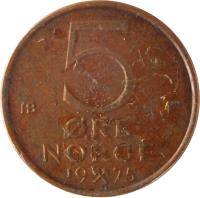 Norway coin 5 Øre - Olav V (1973 - 1982) reverse reverse of 5 Øre - Olav V (1973 - 1982) coin with KM# 415 from Norway. Inscription: 5 ØRE NORGE 19 75