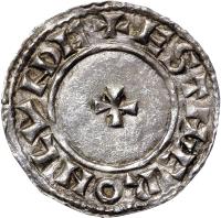 England coin 1 Penny - Edward - London mint (1044 - 1046) reverse reverse of 1 Penny - Edward - London mint (1044 - 1046) coin with SP# 1173 from England. Inscription: + ESTMER ON LUNDE