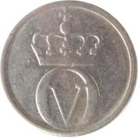 obverse of 10 Øre - Olav V - Large letters (1959 - 1973) coin with KM# 411 from Norway. Inscription: OV