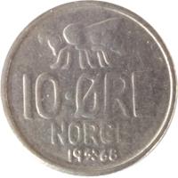 reverse of 10 Øre - Olav V - Large letters (1959 - 1973) coin with KM# 411 from Norway. Inscription: 10 · ØRE NORGE 1972