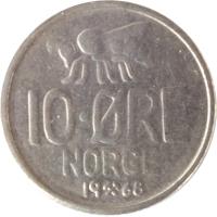 Norway coin 10 Øre - Olav V - Large letters (1959 - 1973) reverse reverse of 10 Øre - Olav V - Large letters (1959 - 1973) coin with KM# 411 from Norway. Inscription: 10 · ØRE NORGE 1972