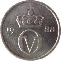 obverse of 10 Øre - Olav V (1974 - 1991) coin with KM# 416 from Norway. Inscription: O V 19 77