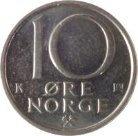 Norway coin 10 Øre - Olav V (1974 - 1991) reverse reverse of 10 Øre - Olav V (1974 - 1991) coin with KM# 416 from Norway. Inscription: 10 ØRE NORGE