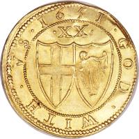 England coin 1 Unite - The Commonwealth of England (1649 - 1660) reverse reverse of 1 Unite - The Commonwealth of England (1649 - 1660) coin with SP# 3208 from England. Inscription: 1651 · GOD · WITH · VS · · XX ·