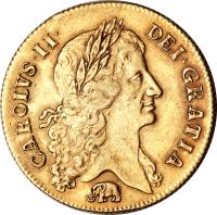 England coin 2 Guineas - Charles II (1664 - 1671) obverse obverse of 2 Guineas - Charles II (1664 - 1671) coin with SP# 3334 from England. Inscription: CAROLVS · II · DEI · GRATIA