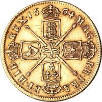 England coin 2 Guineas - Charles II (1664 - 1671) reverse reverse of 2 Guineas - Charles II (1664 - 1671) coin with SP# 3334 from England. Inscription: MAG · BR · FRA · ET · HIB · REX · 16 64 ·