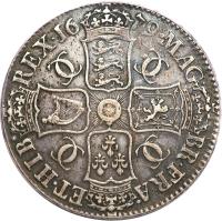 England coin 1 Crown - Charles II - 4'th Portrait (1679 - 1684) reverse reverse of 1 Crown - Charles II - 4'th Portrait (1679 - 1684) coin with SP# 3359 from England. Inscription: MAG · BR · FRA · ET · HIB · REX · 16 79 · CC CC CC CC