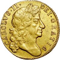 England coin 1 Guinea - Charles II (1672 - 1684) obverse obverse of 1 Guinea - Charles II (1672 - 1684) coin with SP# 3344 from England. Inscription: CAROLVS · II · DEI · GRATIA