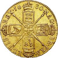 England coin 1 Guinea - Charles II (1672 - 1684) reverse reverse of 1 Guinea - Charles II (1672 - 1684) coin with SP# 3344 from England. Inscription: MAG · BR · FRA · ET · HIB · REX · 16 · 79 ·