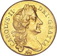 England coin 2 Guineas - Charles II (1675 - 1684) obverse obverse of 2 Guineas - Charles II (1675 - 1684) coin with SP# 3336 from England. Inscription: CAROLVS · II · DEI · GRATIA