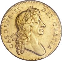 England coin 5 Guineas - Charles II (1678 - 1684) obverse obverse of 5 Guineas - Charles II (1678 - 1684) coin with SP# 3331 from England. Inscription: CAROLVS · II · DEI · GRATIA
