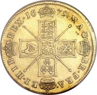 England coin 5 Guineas - Charles II (1678 - 1684) reverse reverse of 5 Guineas - Charles II (1678 - 1684) coin with SP# 3331 from England. Inscription: MAG · BR · FRA · ET · HIB · REX · 16 · 78 ·