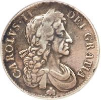 England coin 1 Crown - Charles II - Guinea mint; 4'th Portrait (1681) obverse obverse of 1 Crown - Charles II - Guinea mint; 4'th Portrait (1681) coin with SP# 3360 from England. Inscription: CAROLVS · II · DEI · GRATIA