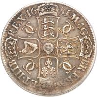 England coin 1 Crown - Charles II - Guinea mint; 4'th Portrait (1681) reverse reverse of 1 Crown - Charles II - Guinea mint; 4'th Portrait (1681) coin with SP# 3360 from England. Inscription: MAG · BR · FRA · ET · HIB · REX · 16 81 · CC CC CC CC