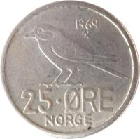 reverse of 25 Øre - Olav V (1958 - 1973) coin with KM# 407 from Norway. Inscription: 25 · ØRE NORGE 1973