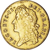 England coin 1 Guinea - James II (1685 - 1686) obverse obverse of 1 Guinea - James II (1685 - 1686) coin with SP# 3400 from England. Inscription: IACOBVS · II · DEI · GRATIA