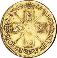 England coin 1 Guinea - James II (1685 - 1686) reverse reverse of 1 Guinea - James II (1685 - 1686) coin with SP# 3400 from England. Inscription: MAG · BR · FRA · ET · HIB · REX · 16 85 ·