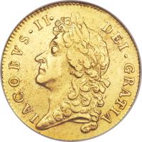 England coin 1 Guinea - James II (1686 - 1688) obverse obverse of 1 Guinea - James II (1686 - 1688) coin with SP# 3402 from England. Inscription: IACOBVS · II · DEI · GRATIA