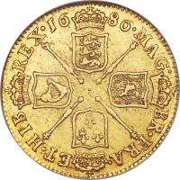 England coin 1 Guinea - James II (1686 - 1688) reverse reverse of 1 Guinea - James II (1686 - 1688) coin with SP# 3402 from England. Inscription: MAG · BR · FRA · ET · HIB · REX · 16 86 ·