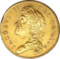 England coin 5 Guineas - James II (1686 - 1688) obverse obverse of 5 Guineas - James II (1686 - 1688) coin with SP# 3397a from England. Inscription: IACOBVS · II · DEI · GRATIA