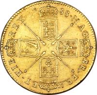 England coin 5 Guineas - James II (1686 - 1688) reverse reverse of 5 Guineas - James II (1686 - 1688) coin with SP# 3397a from England. Inscription: MAG · BR · FRA · ET · HIB · REX · 16 88 ·