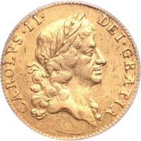 England coin 1 Guinea - Charles II (1664 - 1673) obverse obverse of 1 Guinea - Charles II (1664 - 1673) coin with SP# 3342 from England. Inscription: CAROLVS · II · DEI · GRATIA